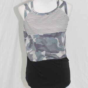 Triple Strap Tri-pattern Womens Small Tank Top Stripes Camo Black EUC